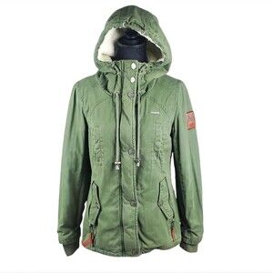 MARIKOO Army Green Hooded Fleece Lined Military Style Coat Jacket Size S